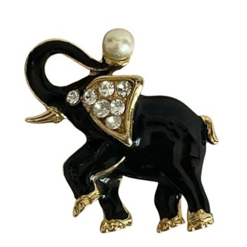 Vintage Black Enamel Elephant Brooch Clear Rhinestones Pearl 1.75"x1.5" Rare - Picture 2 of 4